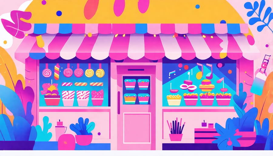 Interior of an indie music-themed candy pop-up shop with themed decorations and colorful candy packaging.