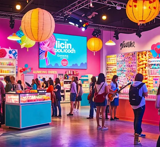 A lively indie music-themed candy pop-up shop featuring colorful music-inspired decorations and packaging, with attendees enjoying the unique fusion of freeze-dried candy and live indie music performances.