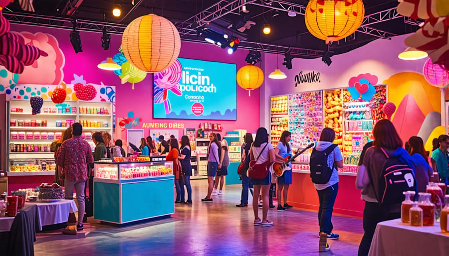 A lively indie music-themed candy pop-up shop featuring colorful music-inspired decorations and packaging, with attendees enjoying the unique fusion of freeze-dried candy and live indie music performances.