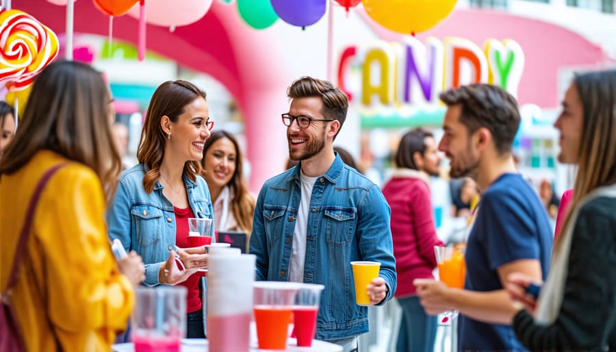 Attendees networking and engaging in conversations at the indie music-themed candy pop-up event.