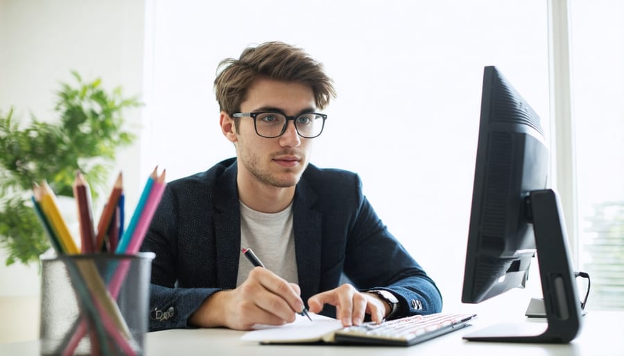 Person working on a laptop while researching music internships.