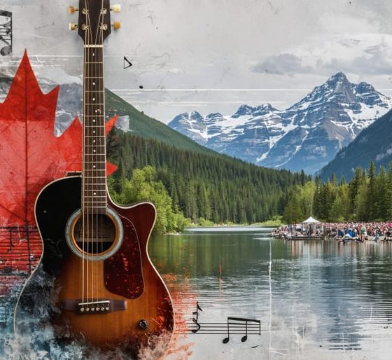 A collage of Canadian landscapes and musical elements, representing the vibrant journey of the Canadian indie music scene with festival crowds and music notes.